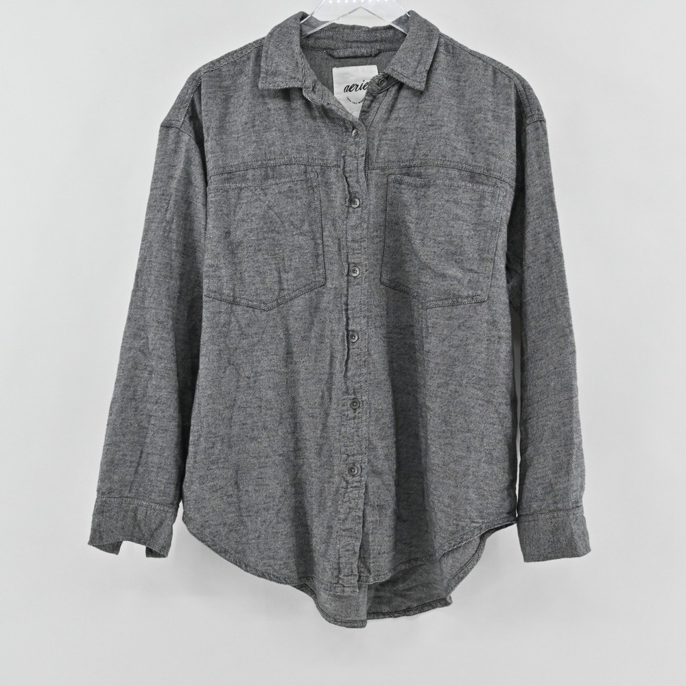 Aerie Anytime Fave Twill Shirt Womens Size XS Gray Cotton Long Sleeve Oversized